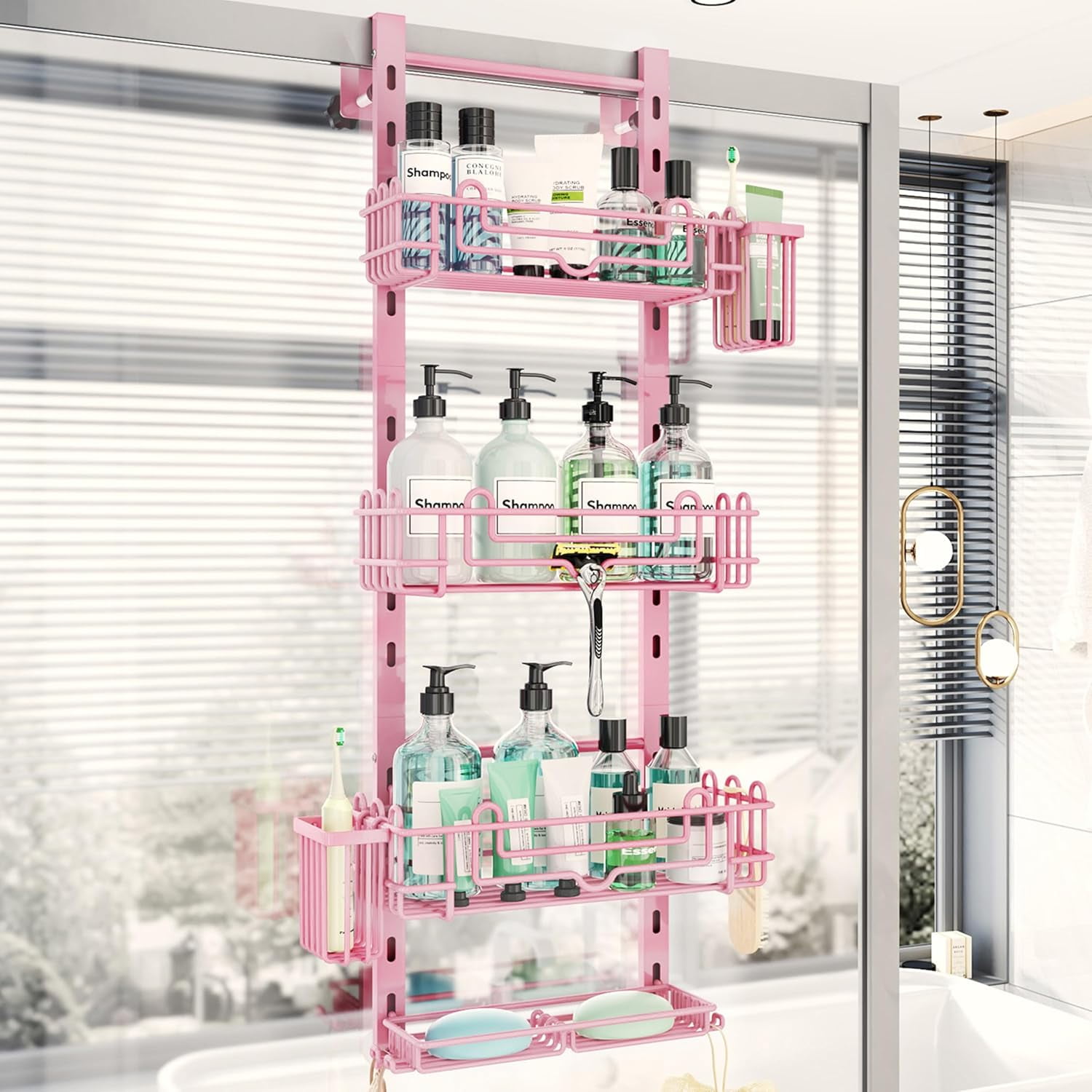 Hanging Shower Caddy Organizer - Shower Shelf with 22 Hooks and 2 Toothbrush Holders, No Drilling Adjustable Hanging Bathroom Organizer - Pink
