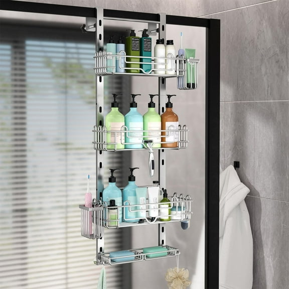Hanging Shower Caddy Organizer - Shower Shelf with 22 Hooks and 2 Toothbrush Holders, No Drilling Adjustable Hanging Bathroom Organizer - Silver
