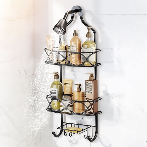 Hanging Shower Caddy Over Showerhead with Soap Holder and Hooks, 3-Shelf Bathroom Shower Organizer Storage Rack
