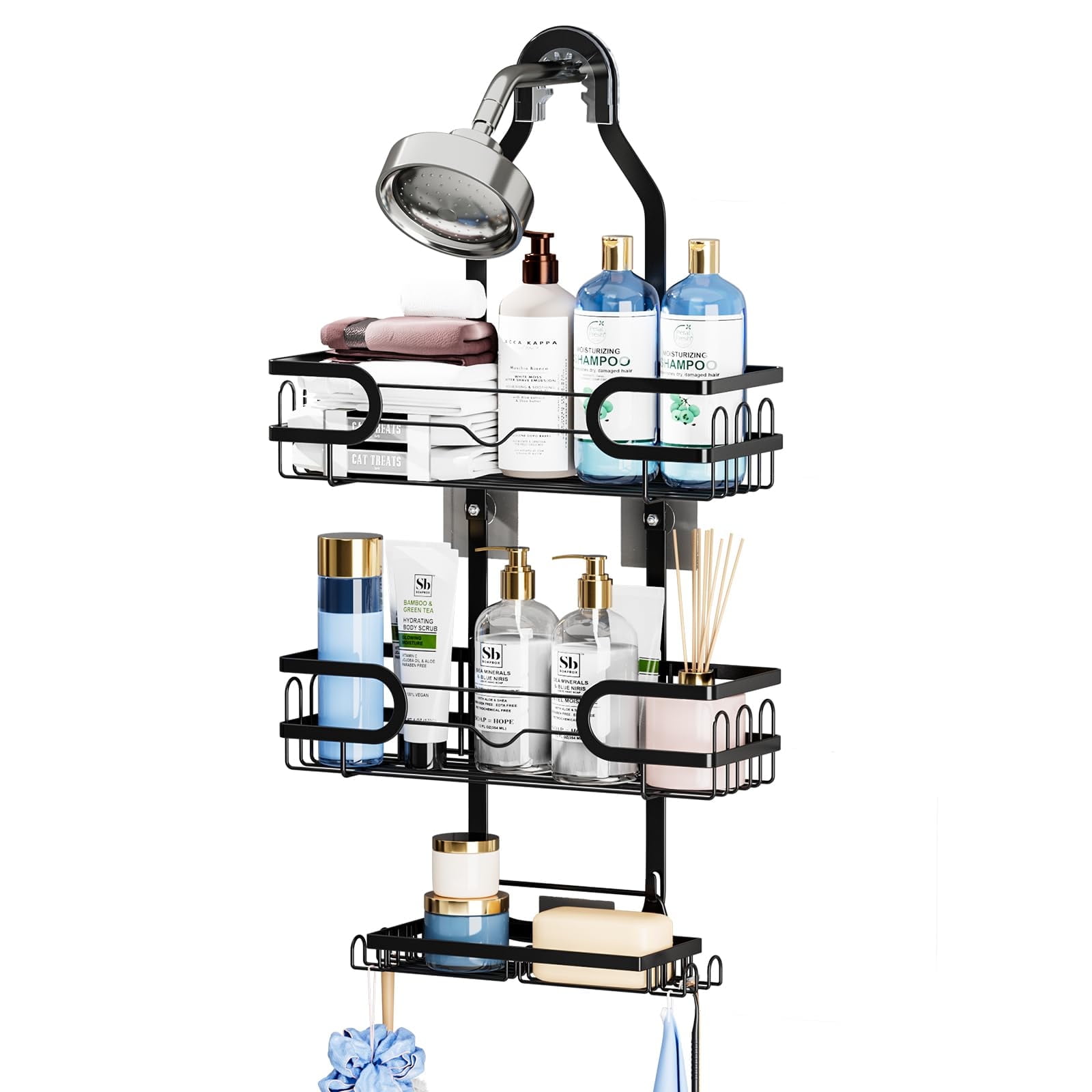 Hanging Shower Caddy, Rustproof Shower Shelf Racks Over Shower Head - No Drilling Bathroom Organizer for Shampoo with Soap Holder
