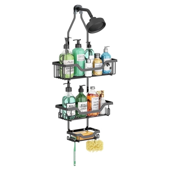 Hanging Shower Caddy over Shower Head,Rustproof Shower Caddy Hanging - Stainless Steel No Drillin Shower Shelf Pole Bathroom Organizer with Hooks,Black