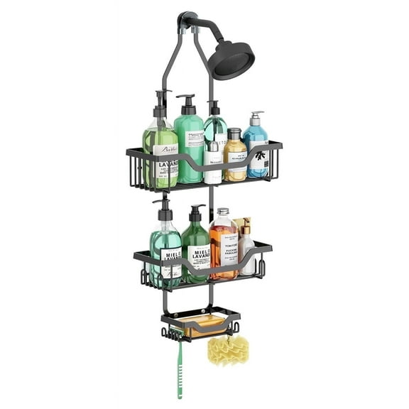 Hanging Shower Caddy over Shower Head,Rustproof Shower Caddy Hanging - Stainless Steel No Drillin Shower Shelf Pole Bathroom Organizer with Hooks,Black