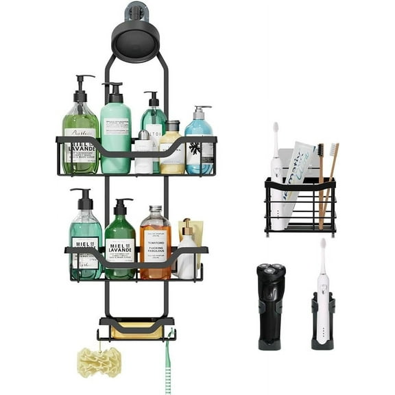 Hanging Shower Caddy Over Shower Head, Bathroom Shower Organizer Hanging with Soap Holder Hooks, Large Capacity Shower Rack Basket Shelf for Towels, Sponge, Razor, Shampoo