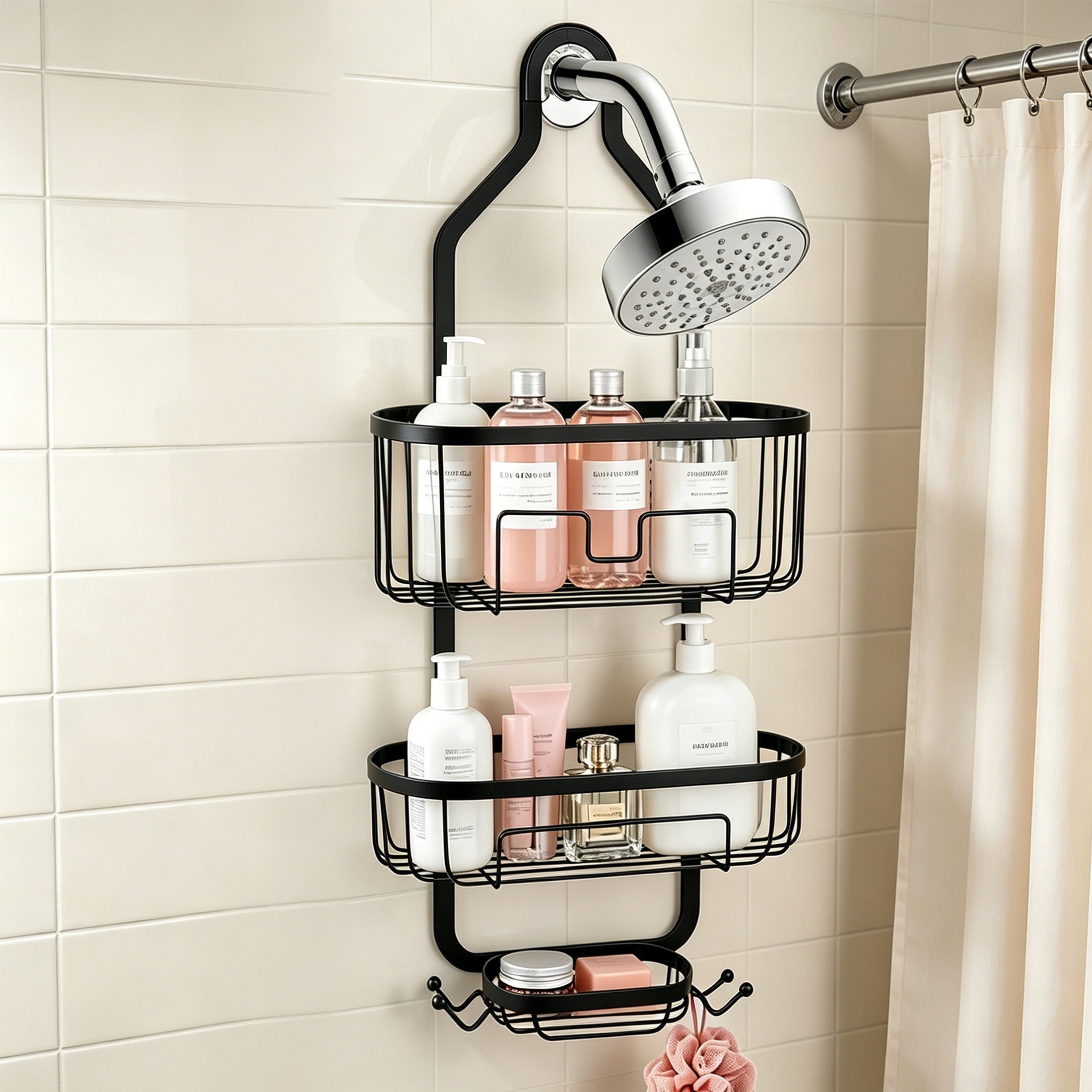 Hanging Shower Caddy Over Shower Head, 3 Tier Metal Bathroom Shower Organizer with Soap Tray & Side Hooks, No Drilling Shower Storage Rack
