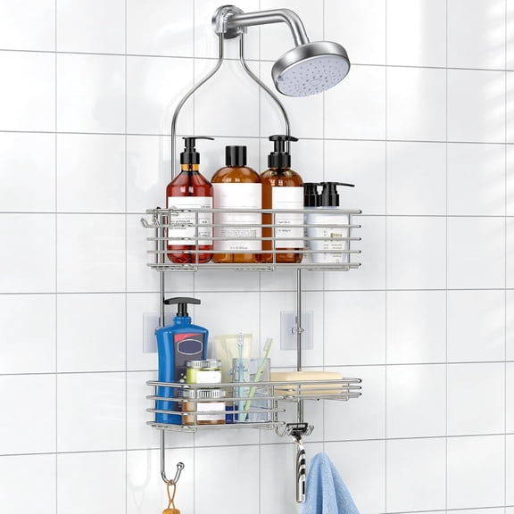 Hanging Shower Head Caddy, Rustproof Bathroom Shower Shelf Organizer, SUS201 Stainless Steel Over The Storage Rack, Silver