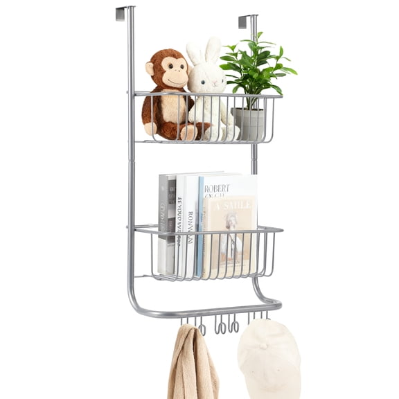 Hanging Shower Organizer, 2-Tier Shower Rack with 2 Baskets and 6 Hooks, Metal Hanging Storage Rack for Bathroom, Bedroom, Pantry Organization