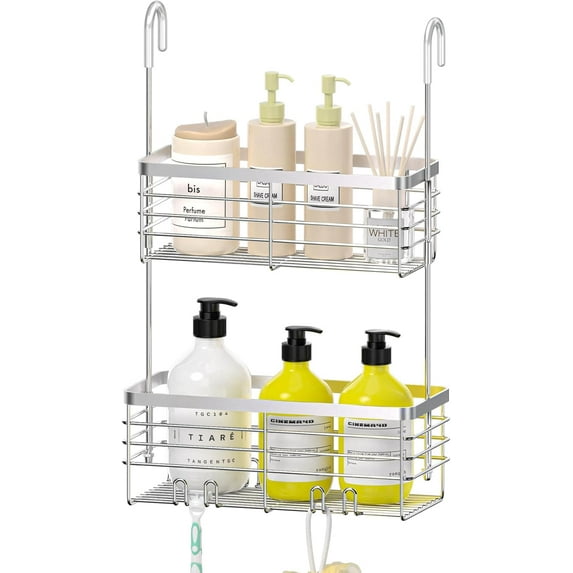 Hanging Shower Organizer, 2-Tier Shower Rack with Hooks Over the Door, Bathroom Shower Caddy and Basket