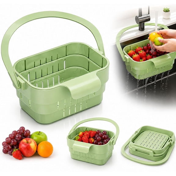 Hanging Sink Drain Basket, Foldable Kitchen Strainer with Collapsible Design, Over-Sink Produce Washer for Pasta, Sponge & Utensil Storage (Green*1 PC)