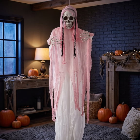 Hanging Skeleton Ghost Bride Decor, Tattered Gauze Robe Prop for Haunted House Yard