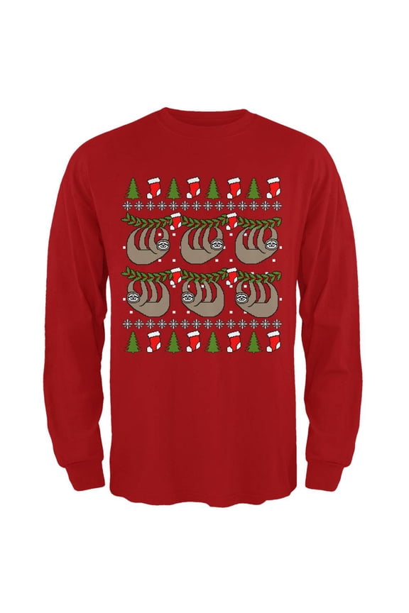Hanging Sloth Ugly Christmas Sweater Mens Long Sleeve T Shirt Red 2XL