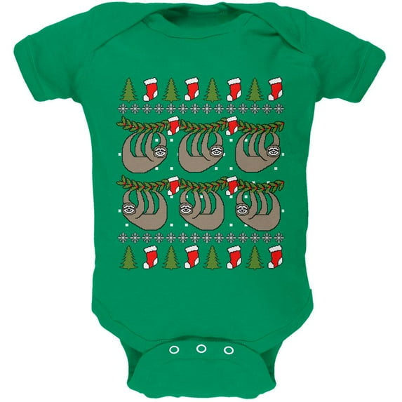Hanging Sloth Ugly Christmas Sweater Soft Baby One Piece Kelly Green 18-24 M