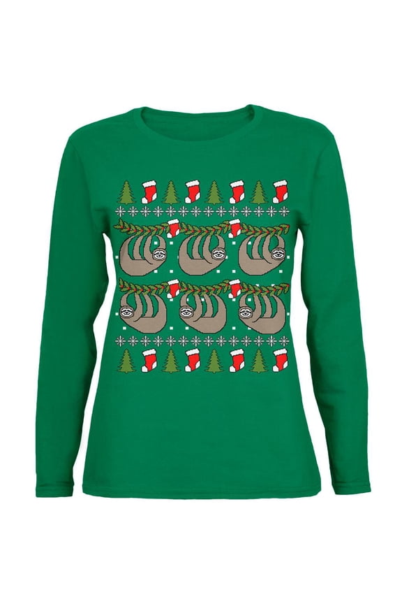 Hanging Sloth Ugly Christmas Sweater Womens Long Sleeve T Shirt Green 2XL