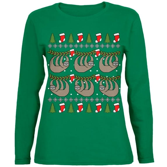 Hanging Sloth Ugly Christmas Sweater Womens Long Sleeve T Shirt Green 2XL