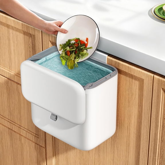 Hanging Small Trash Can with Lid for Cabinet Door, Compost Bin Kitchen for Countertop or Under Sink, Indoor/Outdoor Food Waste Bin for Bathroom, RV, Office, Kitchen