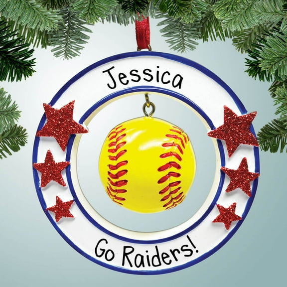 Hanging Softball with Stars Christmas Ornament - Gift ideas for the Team - Athlete - High School - Youth Sports
