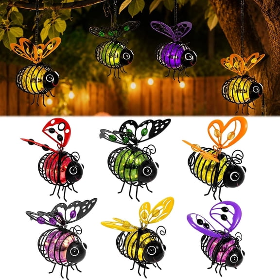 Hanging Solar Bee Light Outdoor Decor Garden Bumble Bee Gifts Cute Patio Decorations Yard Ornaments Outside Metal LED Fairy Lights with Bouncy Springs Waterproof Tree Porch Backyard Balcony(Mixed*6)