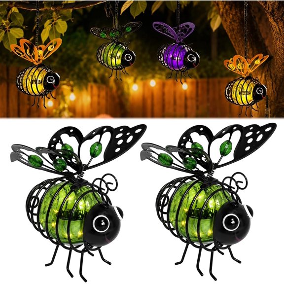 Hanging Solar Bee Light Outdoor Decor Garden Bumble Bee Gifts Cute Patio Decorations Yard Ornaments Outside Metal LED Fairy Lights with Bouncy Springs Waterproof Tree Porch Backyard Balcony(Green*2)