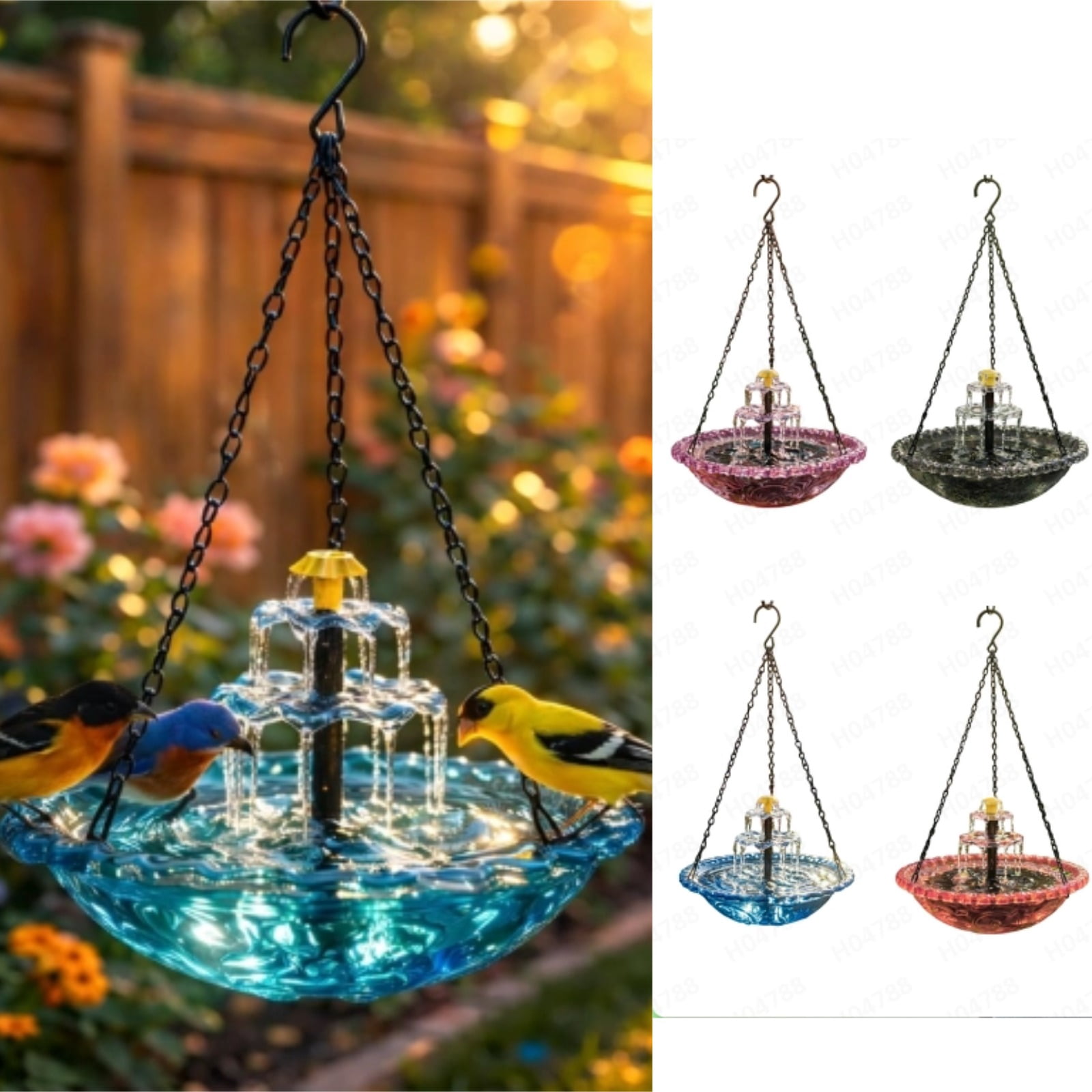 Hanging Solar Bird Bath Fountain 3 Layers 9.25"W Bird Bath Bowl with Solar Powered Pump for Outdoor Garden Backyard Patio Lawn Wildlife Feeder