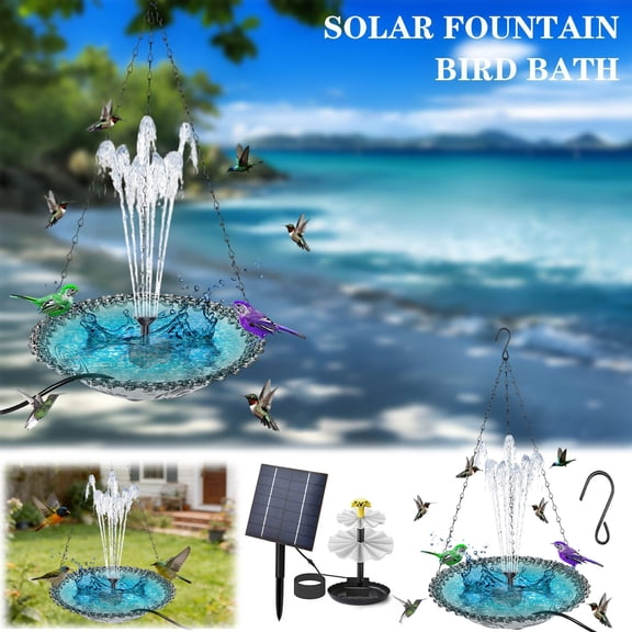 Hanging Solar Bird Bath Fountain, Outdoor Solar Cascade Hanging Bird Bath with Solar Fountain, Weatherproof Hanging Water Feature to Attract Wild Birds & Hummingbirds, with 1 Hook