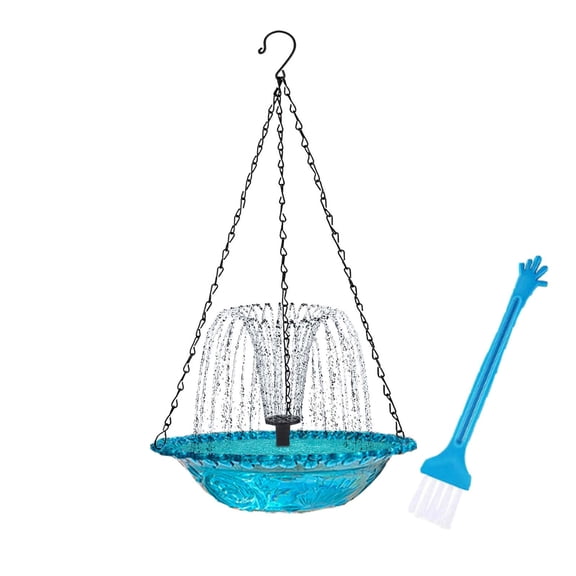 Hanging Solar Bird Bath Fountain, Outdoor Solar Cascade Hanging Bird Bath with Solar Fountain, Weatherproof Hanging Water Feature to Attract Wild Birds & Hummingbirds,Blue,with 1 Brush