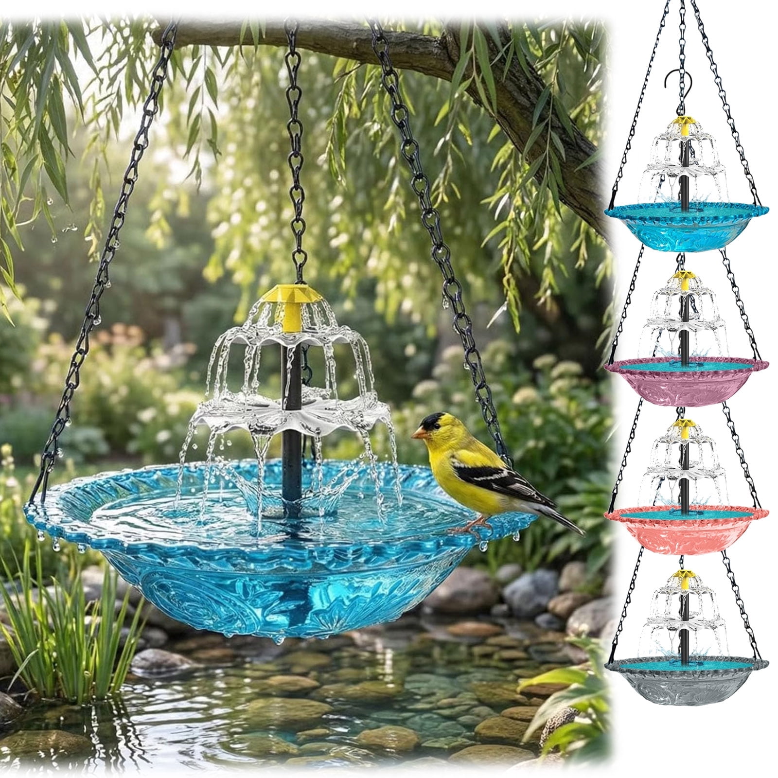 Hanging Solar Bird Bath Fountain, Solar Powered Cascading Outdoor Water Fountain, Hanging Bird Bath with Flowing Water, Decorative Garden Yard Patio Bird Bath Fountain - Solar-Gray