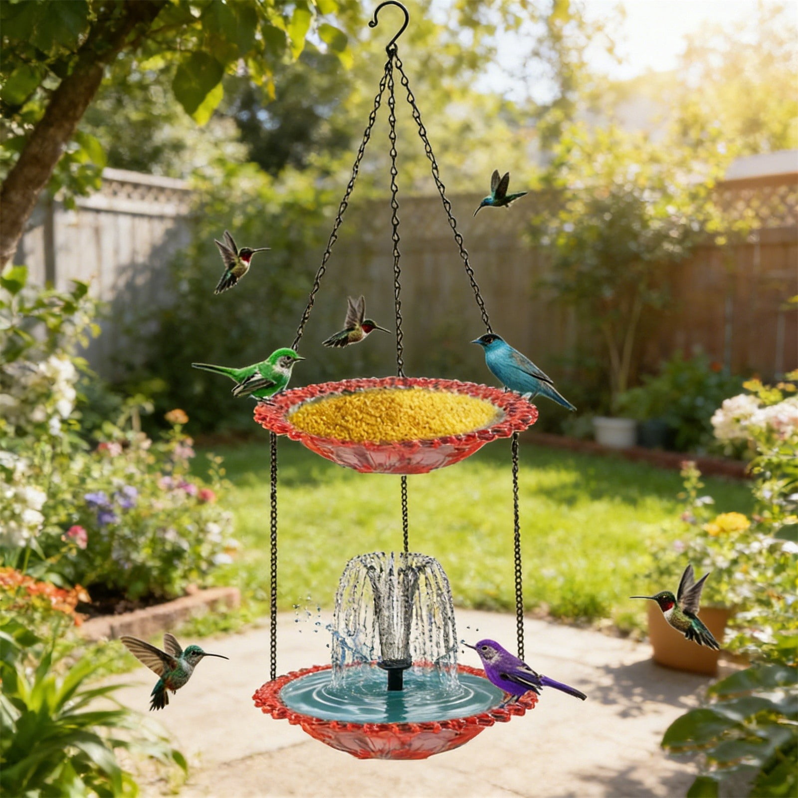 Hanging Solar Bird Bath Fountain, Solar Powered Cascading Outdoor Water Fountain, Hanging Bird Bath with Water for Outdoors Garden Patio Backyard Lawn Decor