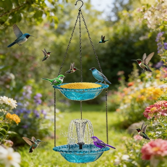 Hanging Solar Bird Bath Fountain, Solar Powered Cascading Outdoor Water Fountain, Hanging Bird Bath with Water for Outdoors Garden Patio Backyard Lawn Decor