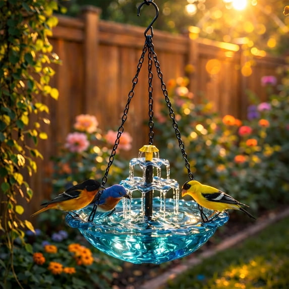 Hanging Solar Bird Bath Fountain, Solar Powered Cascading Outdoor Water Fountain, Hanging Bird Bath with Water for Outdoors Garden Patio Backyard Lawn Decor
