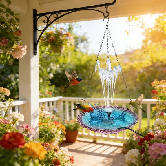 Hanging Solar Bird Bath Fountain, Weatherproof & Easy to Maintain, Hanging Bird Bath with Solar Pump for Outdoor Garden Decor, Large Humming Birds Bath Fountain