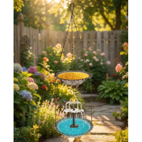 Hanging Solar Cascade Bird Bath Fountain Double Tier Weatherproof Water Feature with Adjustable Nozzles for Outdoor Garden Yard
