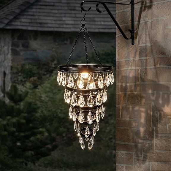 Hanging Solar Chandelier Light Outdoor Waterproof | Handcrafted with Teardrop Prisms, Solar Powered, Decorative Hanging Light for Patio, Porch, Gazebo Garden & Holiday