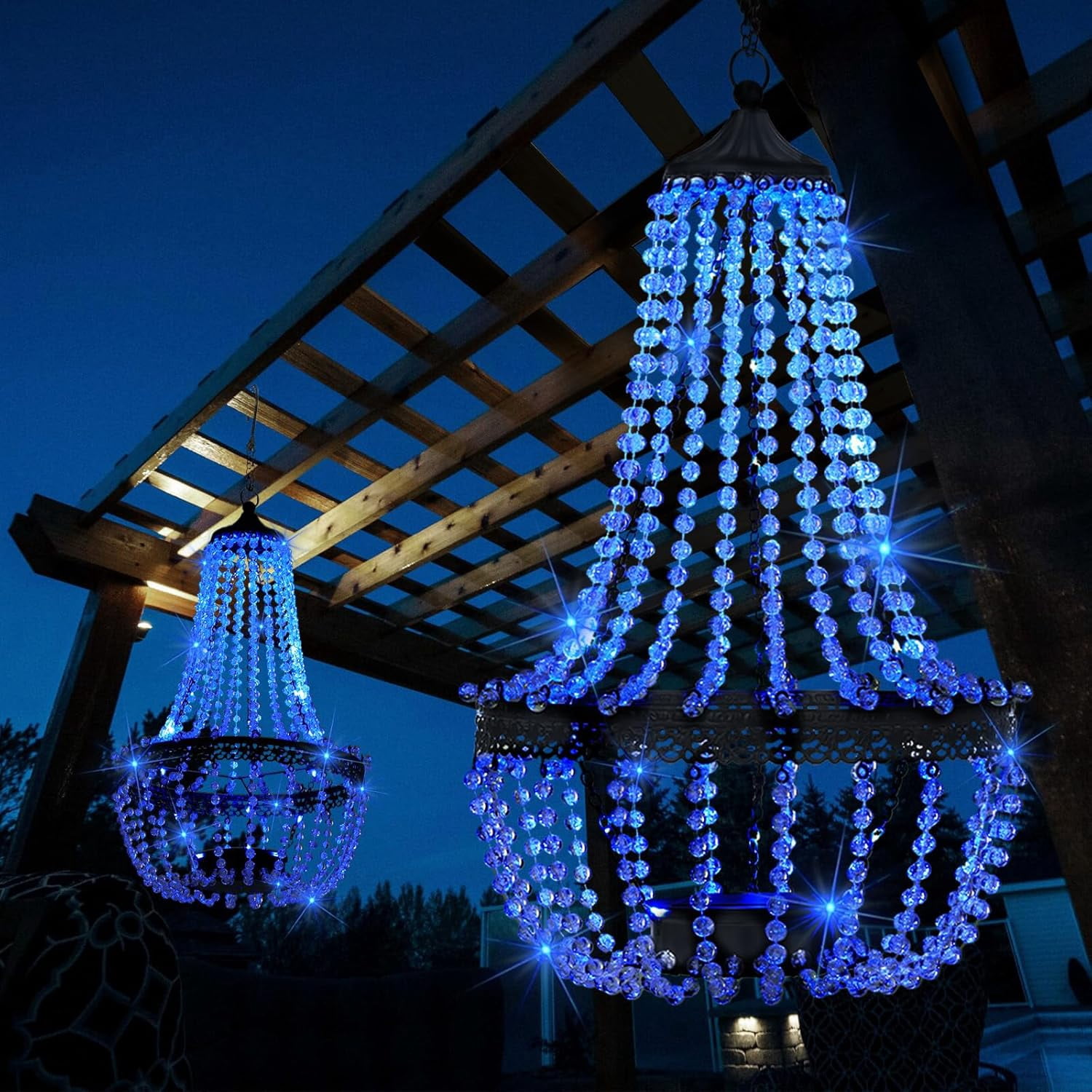Hanging Solar Lantern Outdoor, 28” Modern Crystal Acrylic Chandelier with 30 Cool White Lights S ...