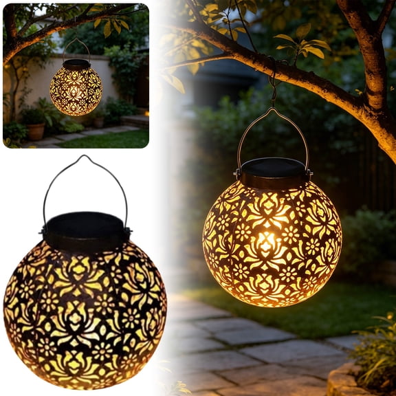 Hanging Solar Lantern, Rustic Metal Hollow Out Solar Lantern, Shadow Casting Outdoor Garden Light, Decorative Patio Hanging Light, Solar Lamp for Backyard Porch Tree Balcony Lawn Decoration