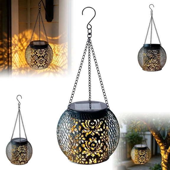 Hanging Solar Lantern – Upgraded Metal Outdoor Garden Light with Decorative Shadow Pattern – IP65 Waterproof – 8-Hour Auto-On Night Light for Yard, Patio, Porch & Pathway