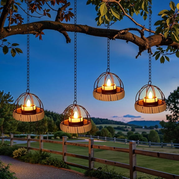 Hanging Solar Lanterns Outdoor Waterproof 4 Pack Flickering Solar Powered Tea Lights Rust Iron Ball Candle Holder Hanging Solar Lights for Backyard Garden Patio Yard Fence Tree Decoration