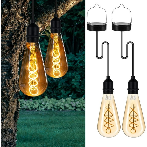 Hanging Solar Lights Glass Edison Bulbs Solar Powered Lantern Outdoor Waterproof LED Garden Decorative Light for Patio Yard Tree 2 Pack