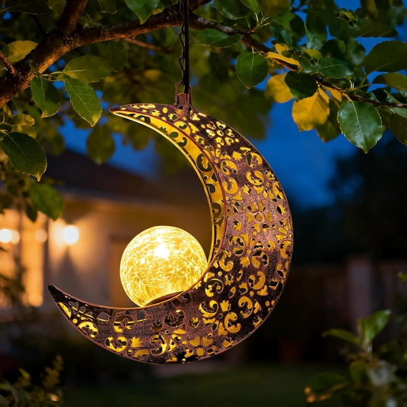 Hanging Solar Lights Outdoor Decor,Moon Garden Statues Decorative Waterproof Metal Figurines Lamp Outside Yard Decorations,Unique Ideas Birthday for Women Mom Mothers Day Fairy Accessories