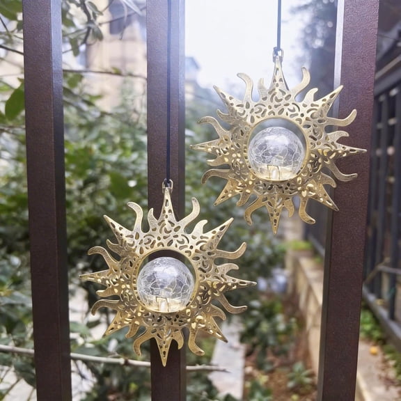 Hanging Solar Sun Lights Outdoor Waterproof Decor, 2 Pack Metal Daystar Shell & Glass LED Globe Lanterns for Garden, Backyard, Balcony, Patio, Tree, Wall, Mother's Day Gifts for Women Mom