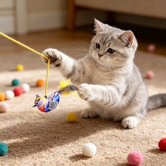 Hanging Sound Bird Cat Toy, Detachable Feather Simulation Bird Kitten Interactive Toy with Yellow Hanging Strap for Door & Window