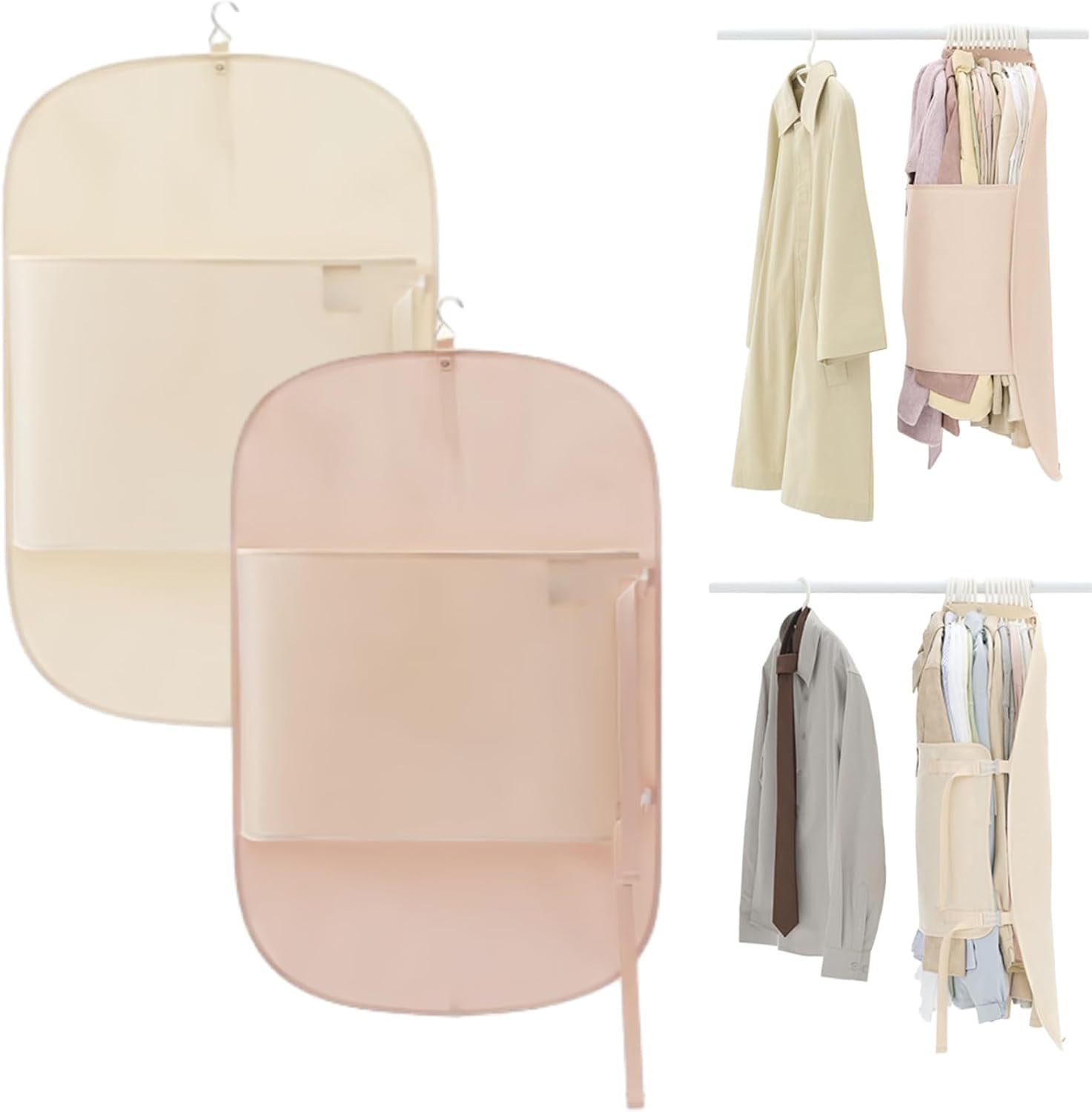 Hanging Space-Saver Closet Compressor, Garment Storage Bags, Wardrobe Storage Dress Covers Garment Bags, With Metal Hook, For Coats, Jackets, T-Shirt(Beige+Pink)