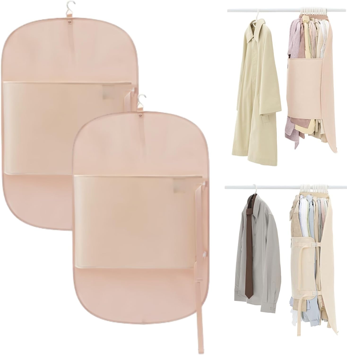 Hanging Space-Saver Closet Compressor, Garment Storage Bags, Wardrobe Storage Dress Covers Garment Bags, With Metal Hook, For Coats, Jackets, T-Shirt(Pink-2PC)