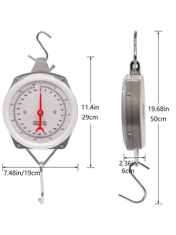 Hanging Spring Dial Scale 550lbs/250kg Mechanical Weighing Scale with 2 S-Hooks