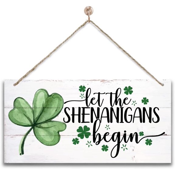 Hanging St. Patrick's Day Wooden Decor - 'Let the Shenanigans Begin' Wall Art, Home & Door Sign, Shamrock Theme