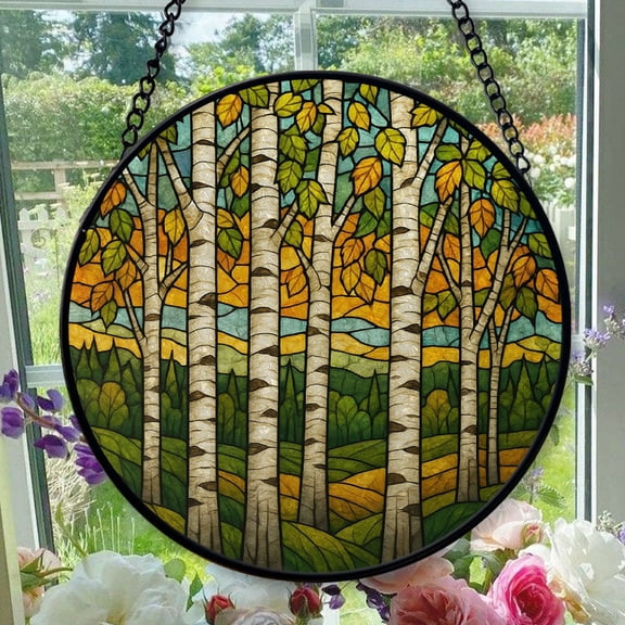 Hanging Stained Glass for Windows Birch Grove - Stained Glass for Windows Birch Grove, Festival Gift Ornament, Year-Round Decorative Piece, Home Wall & Window Art