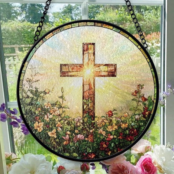 Hanging Stained Glass for Windows Cross - Stained Glass for Windows Cross, Festival Gift Ornament, Brightens Any Space with Light, Elegant Art Glass Aesthetic