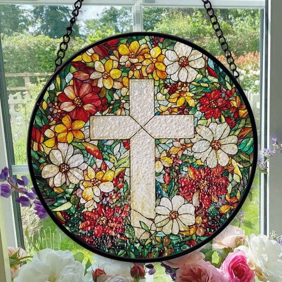 Hanging Stained Glass for Windows Cross - Stained Glass for Windows Cross, Festival Gift Ornament, Year-Round Decorative Piece, Home Wall & Window Art
