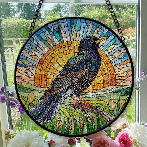 Hanging Stained Glass for Windows European Starling - Stained Glass for Windows European Starling, Festival Gift Ornament, Year-Round Decorative Piece
