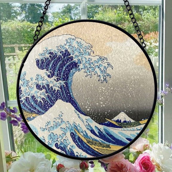 Hanging Stained Glass for Windows The Great Wave - Stained Glass for Windows The Great Wave, Festival Gift Ornament, Brightens Any Space with Light, Elegant Art Glass Aesthetic