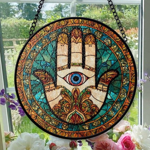 Hanging Stained Glass for Windows Hamsa Hand Hand - Stained Glass for Windows Hamsa Hand Hand, Festival Gift Ornament, Brightens Any Space with Light, Elegant Art Glass Aesthetic