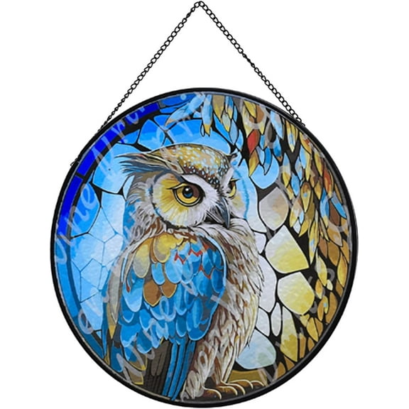 Hanging Stained Glass for Windows, Owl Suncatcher Stained Glass Garden Hangings Ornaments Mother's Day Valentine's Day Halloween Fall Christmas Decor for Home (B Style)